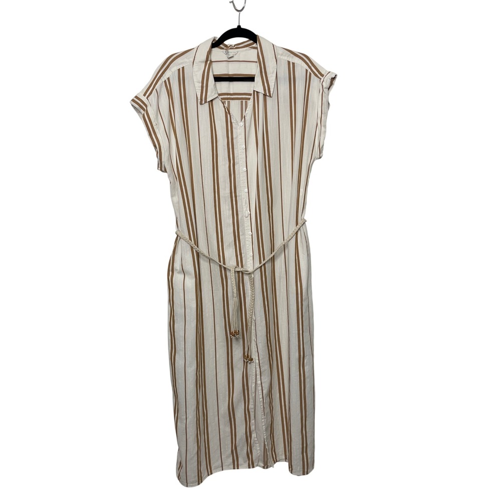 Cato Shirt Dress Womens 18/20W Tan White Striped Cotton Coastal Utility Vacation
